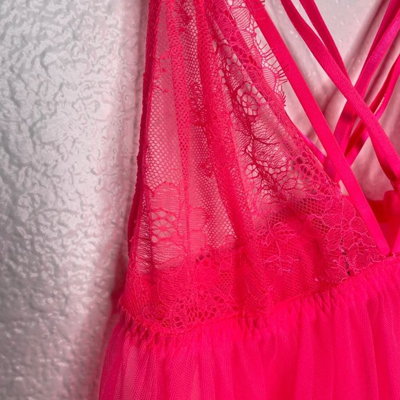 Victoria's Secret Women's Lingerie Size L Neon Pink Sleeveless Lace Baby Doll - Picture 4 of 11